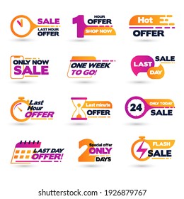 Sale countdown badges. Last minute offer banner, one day sales and 24 hour sale promo stickers. Business limited special promotions, best deal badge, discount. Vector Illustration svg