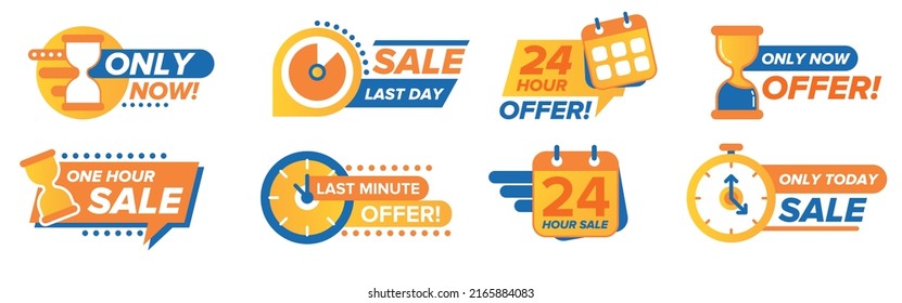 Sale Countdown Badges. Last Minute Offer Banner, One Day Sales And 24 Hour Sale Promo Stickers. Business Limited Special Promotions, Best Deal Badge. Isolated Vector Icons Set