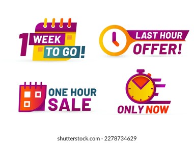 Sale countdown badges. Last minute offer banner, one day sales and 24 hour sale promo stickers of countdown badge time, clock timer banner illustration