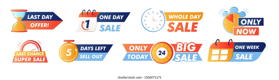 Sale countdown badges. One week sale banner, last day offer, only now, last chance super sale and other promo stickers. business limited special promotions, best deal badge. Isolated vector icons set