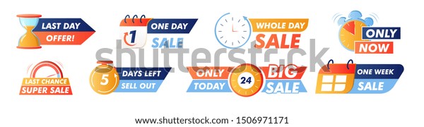 Sale countdown badges. One week sale banner, last day\
offer, only now, last chance super sale and other promo stickers.\
business limited special promotions, best deal badge. Isolated\
vector icons set