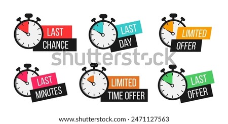 Sale countdown badges set. Limited time only discount promotions. Vector illustrations set