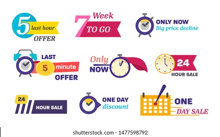 Sale countdown days left badge. One, five minute last down count offer banner, one day discount and sale stickers. Logos, signs, stickers, deal badge template for advertising, promotion, shop market.