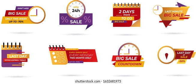 Sale countdown days left badge set. last down count offer banners and last day discount and sale stickers. Logos, signs, stickers, deal badge template for advertising & promotion in shop market.