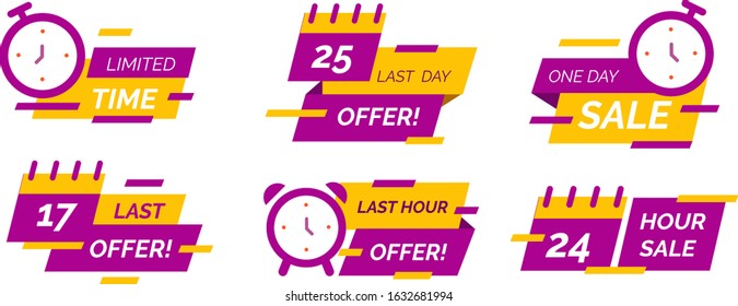 Sale countdown days left badge set. last down count offer banners and last day discount and sale stickers. Logos, signs, stickers, deal badge template for advertising & promotion in shop market.