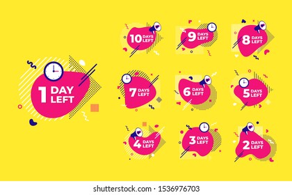 Sale countdown liquid abstract elements ten to one days left signs set vector illustration isolated symbol badge. Business date count with offer timer, limit offer concept.