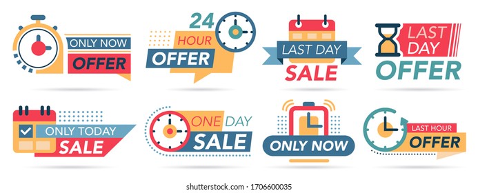 Sale countdown tags. Last minute badges, special countdown offer, only now promotions. One day sale promo stickers vector illustration set. Timer count, countdown announcement discount