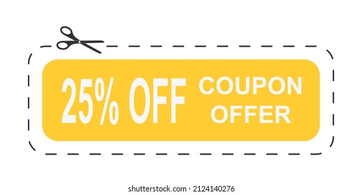 Sale coupon with 25 percent off text. Discount template with dotted cut line and scissors icon isolated on white background. Lower price concept. Vector flat illustration