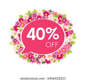 Sale coupon up to 40 percent off discount. Creative price label with floral wreath. Set of pink flowers. 3D graphic style. Web button. Commerce design. Advertising concept. Decorative frame. Cute icon