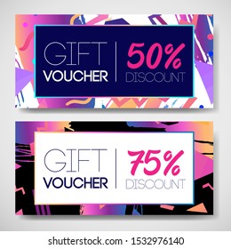 Sale coupon design template in 1980s style. Retro Futurism. Vector futuristic synth wave illustration. 80s Retro poster Background with. Party Flyer.