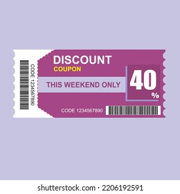 sale coupon discount for online shop. 40% price offer, promo code gift voucher and coupons template. Vector illustration.
