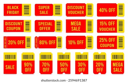 Sale coupon. Discount voucher. Black friday special offer label. Red and yellow ticket shaped signs.	