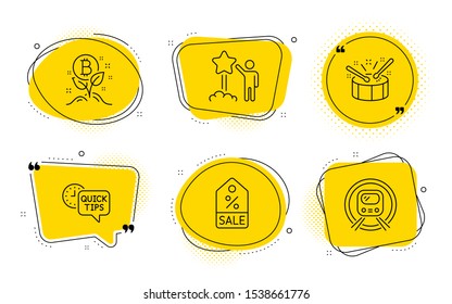 Sale coupon, Drums and Metro subway signs. Chat bubbles. Bitcoin project, Quick tips and Star line icons set. Cryptocurrency startup, Helpful tricks, Launch rating. Discount tag. Business set. Vector