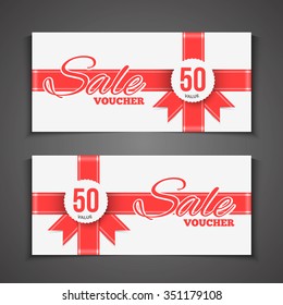 Sale coupon or gift voucher with red ribbon. gift wrap design voucher.