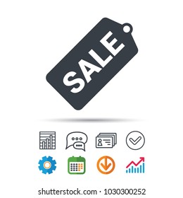 Sale coupon icon. Special offer tag symbol. Statistics chart, chat speech bubble and contacts signs. Check web icon. Vector