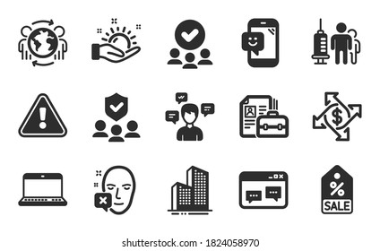 Juego simple de iconos de cupón de venta, de Cuaderno y de la ventana del navegador. El clima soleado, el seguro de la gente y los mensajes de conversación. Intercambio de pagos, Smile y símbolos de negocios globales. Juego de iconos planos. Vector