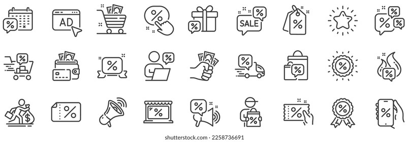 Sale Coupon, phone with percent sign, Discount price tag. Discounts line icons. Wholesale store market, calendar, hot deal line icons. Coupon ticket, megaphone offer, delivery discount. Vector