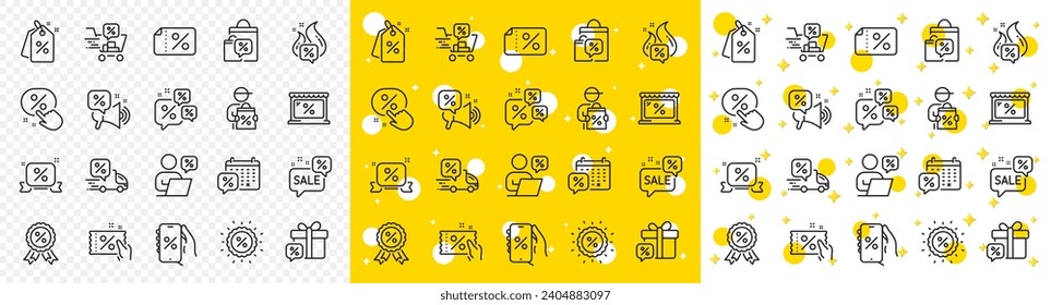 Sale Coupon, phone with percent sign, Discount price tag. Discounts line icons. Wholesale store market, calendar, hot deal line icons. Coupon ticket, megaphone offer, delivery discount. Vector