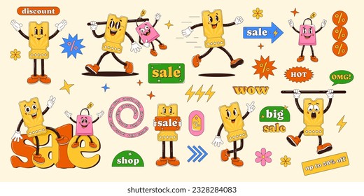 Sale coupon retro groovy character, gloved hands. Vector illustration. Funny trendy cartoon set with element and characters. Bag, discount tag, abstract geometric shapes