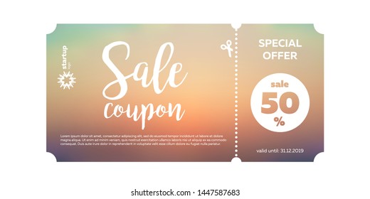 Sale coupon template 50% discount for web and print. Colorful design and abstract background with part for cutting. Big mega sale special offer mockup.