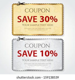 Sale Coupon, voucher, tag. Gold, silver template (vector design) with Guilloche pattern, frame, dotted line (dash line), red percent, scissors (cut off, cutting). Save money, get discount