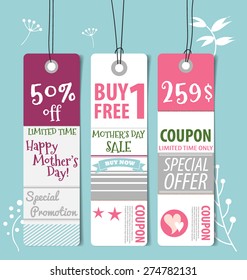 Sale Coupon, voucher, tag. Happy Mother's Day, vector illustration.