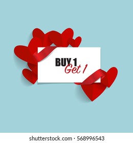 Sale Coupon, voucher, tag. Valentine`s Day card. Vector illustration.
