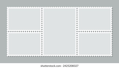 Sale coupons template with perforated borders. Paper postmarks for mail letter. Postal stickers set. Empty post stamp collection. Postage stamps. Vector illustration.