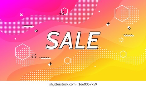 Sale. Cover, banner, poster, flyer and sticker concept, geometric memphis style with text. Icon quote message. Explosion burst design. Vector Illustration. Yellow background.