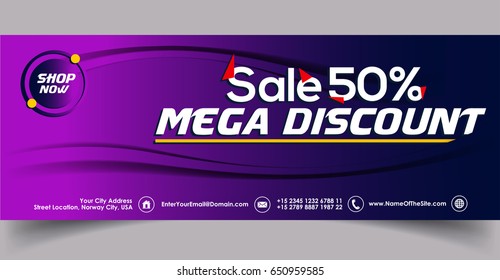 Sale Cover Template in Purple Color. Vector Illustration for cover background. FACEBOOK COVER.
50% Mega discount cover template