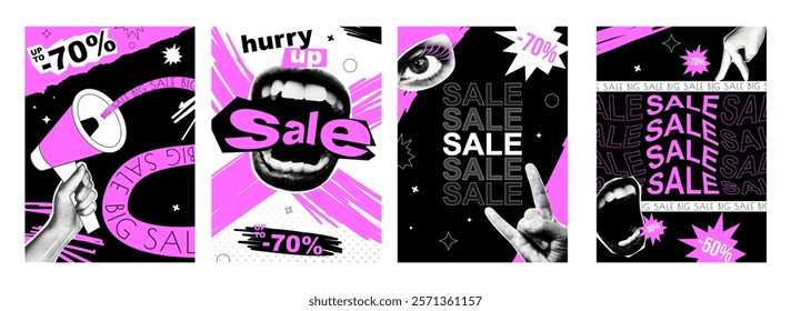 Sale cover typography template in vintage collage design for social media. Trendy greeting cards with hands holding loudspeaker with discounts, mouth shouting special clearance. Vector illustration.