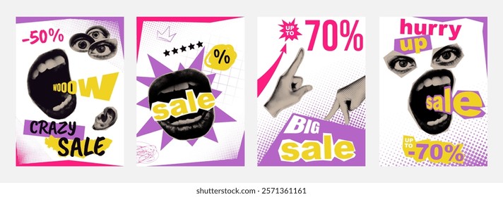 Sale cover typography template in vintage collage design for social media. Trendy greeting cards with mouth shouting crazy sale and bargain prices, hurry up to making purchases. Vector illustration.