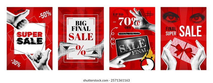 Sale cover typography template in vintage collage design for social media. Trendy greeting cards with hands pointing final clearance with super offers, discounts in client eyes. Vector illustration.