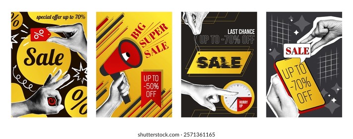 Sale cover typography template in vintage collage design for social media. Trendy greeting cards with hands pointing discount prices, last chance special offer and hurry to buy. Vector illustration.