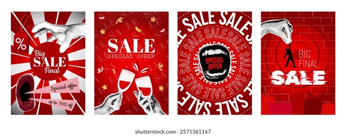 Sale cover typography template in vintage collage design for social media. Trendy greeting cards with hands points clearance, open mouth shouting offers, champagne for clients. Vector illustration.