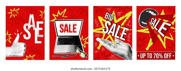 Sale cover typography template in vintage collage design for social media. Trendy greeting cards with hands pointing to discount shopping offers, mouth shouting promo messages. Vector illustration.