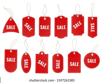 Sale craft labels. Blank red special old paper carton tag with rope and cord for discount shopping design vector different pricing hanging sticker set