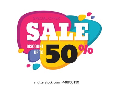 Sale - creative abstract vector banner. Discount up to 50%. Colored design layout. 