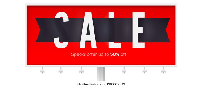 Sale, creative ad billboard for events of black friday, christmas sales. Get up to 50 percent discount. Black realistic ribbon. Promotion of discount actions. 3d vector illustration