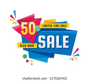 Sale - creative banner vector illustration. Abstract concept discount 50% off promotion layout on white background. Sticker in origami style. Limited time only. Design elements. 