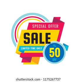 Sale - creative banner vector illustration. Abstract concept discount up to 50% promotion layout on white background. Special offer sticker in origami style. Limited time only. Design elements. 
