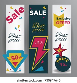 Venta de pancartas creativas. Ilustración de vector plano.
