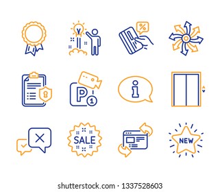 Sale, Creative idea and Reject icons simple set. Privacy policy, Lift and Credit card signs. Versatile, Parking security and Success symbols. Refresh website, Information and New star. Line sale icon