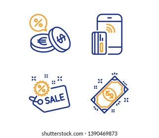 Sale, Currency exchange and Contactless payment icons simple set. Payment sign. Shopping tag, Euro and usd, Phone money. Finance. Finance set. Linear sale icon. Colorful design set. Vector