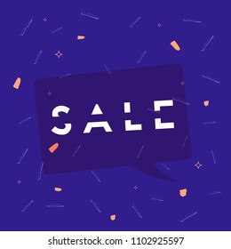 Sale dark banner with speech bubble and geometric abstract composition. Promotion card with sliced trendy text. Template with decoration for advertising design. Vector illustration.