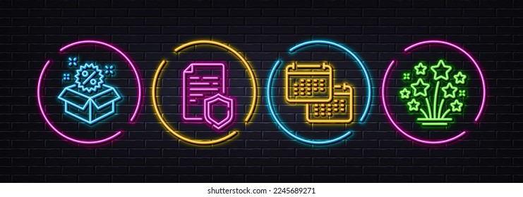 Sale, Data security and Calendar minimal line icons. Neon laser 3d lights. Fireworks stars icons. For web, application, printing. Discount, Secure document, Schedule planner. Vector