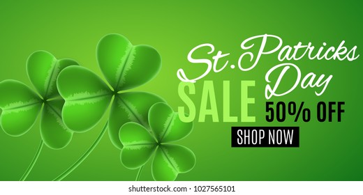 Sale for the day of Saint Patricks Day. Clovers of shamrocks. Poster for sale. Big discounts. Vector illustration. EPS 10