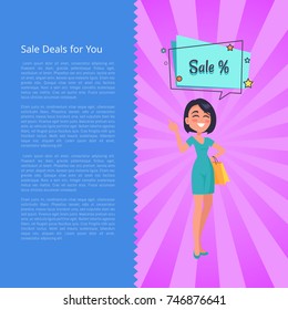 Sale deals for you poster with woman thinking about sales, dressed in blue gown. Speech bubble with stars vector illustration poster with text
