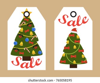 Sale decorative tags with New Year decorated Christmas trees topped by star or Santas hat, hang badge stickers, shopping promotional labels discounts