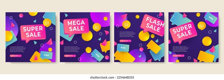 Sale and design background set with colorful abstract shapes. Special offer mega sale background template. Vector illustration promotion big super sale banner. Discount design for poster and web.